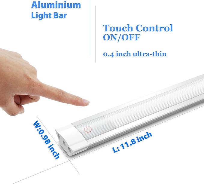 MYPLUS Under Cabinet Lights, 12" Touch Activated and Dimmable Aluminum LED Bar for Kitchen, Workbench and Desk, Cold White 6000K, Plug-in, Sliver