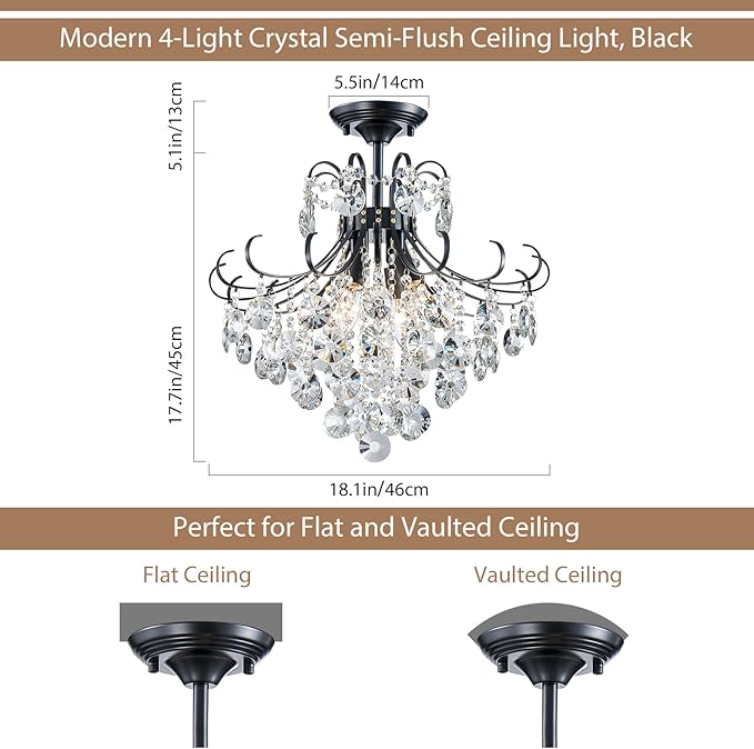 18'' Crystal Chandelier Light Fixture, Modern Semi Flush Ceiling Light for Dining Living Room Bedroom Kitchen Entryway Hallway, 4 Lights Black Ceiling Lamp