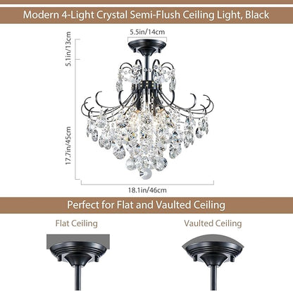18'' Crystal Chandelier Light Fixture, Modern Semi Flush Ceiling Light for Dining Living Room Bedroom Kitchen Entryway Hallway, 4 Lights Black Ceiling Lamp