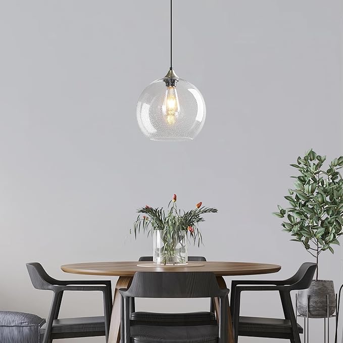Mikeru Glass Globe Pendant Light Single, 7.87 Inch Clear Bubble Glass Hanging Lamp, Mid Century Modern Pendant Lighting for Kitchen Island Dining Room Bedroom (Bulb Not Included)