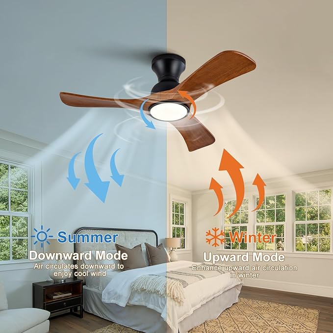 36 inch Flush Mount Ceiling Fans with Lights,Remote Control,Wall Switch,Solid Wood Blades,Dimmable,Reversible,Noiseless, Low Profile Black Ceiling Fan Indoor/Outdoor for Bedroom Patios