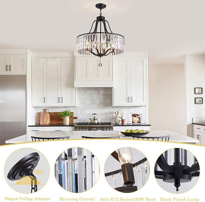 Black Crystal Chandelier 6-Light Modern Farmhouse Dining Room Light Fixtures Over Table Round Large Hanging Light for Living Room Kitchen Hallway Bedroom Foyer 21.7 Inch