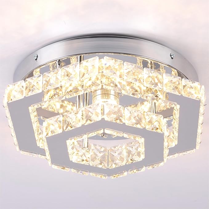Modern Chandelier Crystal Flush Mount Ceiling Light LED Pendant Lamp Dimmable Chandelier for Dining Room Living Room Bedroom Kitchen Hallway(Remote Control)
