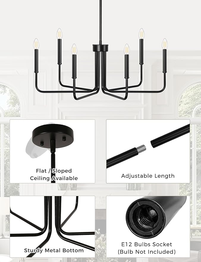 DORESshop Modern Chandelier for Dining Room, 6-Light 28" Black Farmhouse Chandelier for Dining Room, Dining Light Fixtures Over Table for Bedroom Hall Kitchen Living Room