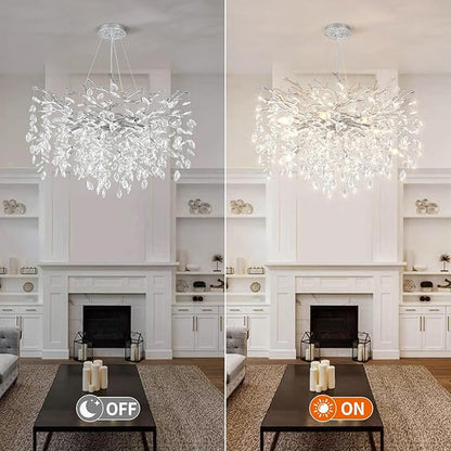 EGM 32-Inch Silver Tree Branch Chandelier for Living Room, Modern Crystal Chandelier for Bedroom, 10-Light Silver Crystal Chandeliers for Dining Room, Raindrop Leaf Chandeliers for Home Décor, E12