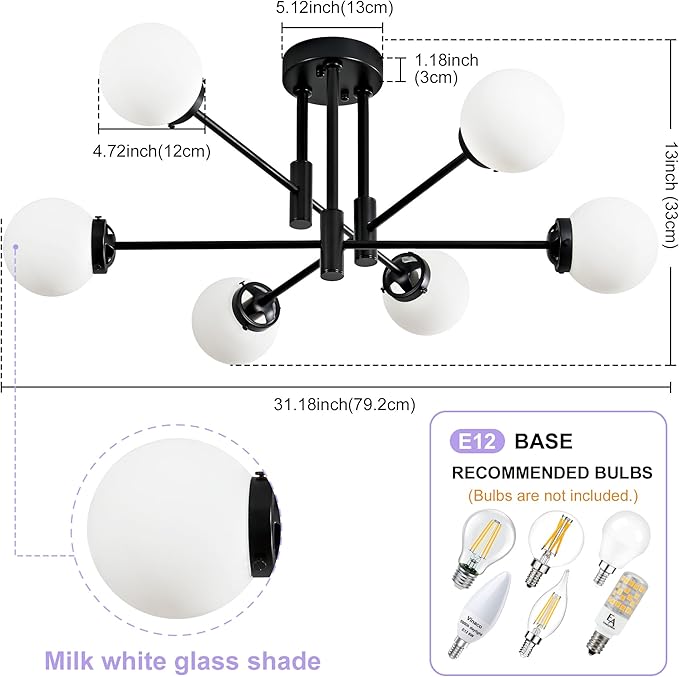 Biewalk Sputnik Ceiling Light Fixture 6 Light Sputnik Chandeliers, Black Chandelier Light Fixture with Milk White Glass Shade for Living Room Kitchen Bedroom Dining Room (E26 Bulb Excluded)