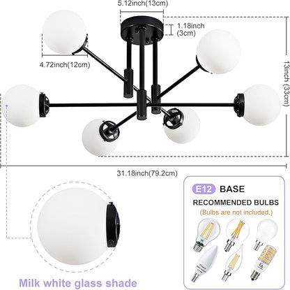 Biewalk Sputnik Ceiling Light Fixture 6 Light Sputnik Chandeliers, Black Chandelier Light Fixture with Milk White Glass Shade for Living Room Kitchen Bedroom Dining Room (E26 Bulb Excluded)
