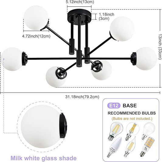 Biewalk Sputnik Ceiling Light Fixture 6 Light Sputnik Chandeliers, Black Chandelier Light Fixture with Milk White Glass Shade for Living Room Kitchen Bedroom Dining Room (E26 Bulb Excluded)