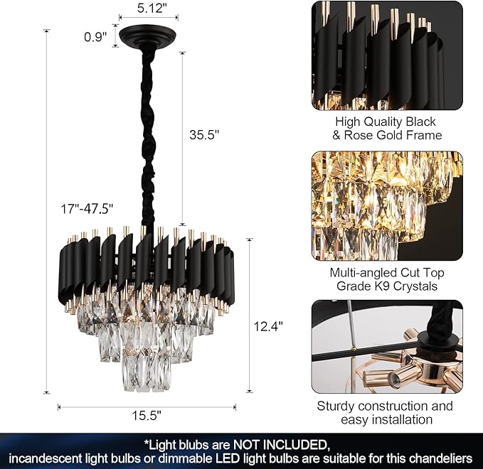 A AXILIXI Modern Crystal Chandeliers 3 Tiers Black and Gold Pendant Light Fixtures 16” Round Flush Mount Chandeliers Ceiling Lighting Dimmable for Living Room Dining Room Foyer Bedroom Kitchen