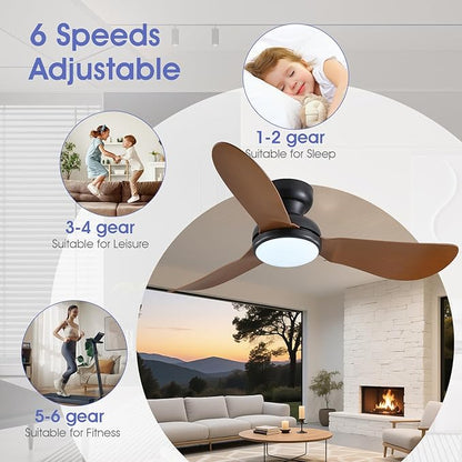 Kviflon 46 Inch Modern Ceiling Fans with Lights, Flush Mount Ceiling Fan, Remote/APP Control, 3 Reversible Curved Blades, 6 Speeds, 3 CCT Dimmable LED Lights for Living Room Bedroom, Brown
