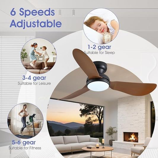 Kviflon 46 Inch Modern Ceiling Fans with Lights, Flush Mount Ceiling Fan, Remote/APP Control, 3 Reversible Curved Blades, 6 Speeds, 3 CCT Dimmable LED Lights for Living Room Bedroom, Brown