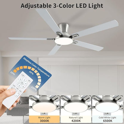 60 Inch Brushed Nickel Ceiling Fans with Lights and Remote, Flush Mount Low Profile 5 Blades Ceiling Fan with 10 Inch Lighting Fixture, Quiet Reversible DC Motor for Living Room, Bedroom and Patio
