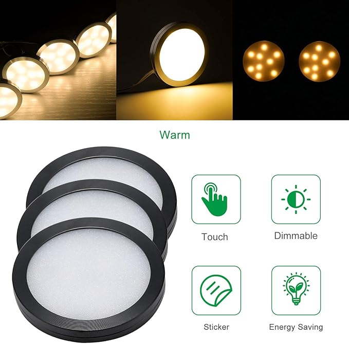 AIBOO Under Cabinet LED Black Cover Puck Lighting Kit with Touch Dimmer Switch for Kitchen Cupboard Closet Lighting (6 Lights,Warm White)