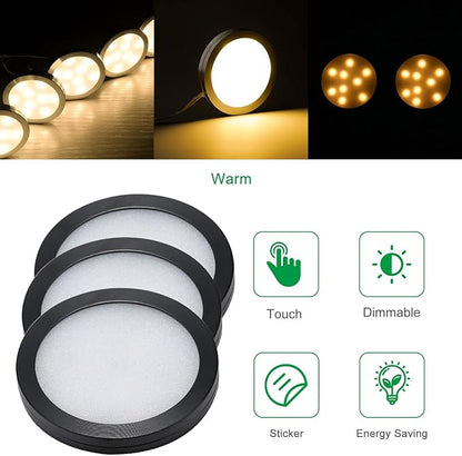 AIBOO Under Cabinet LED Black Cover Puck Lighting Kit with Touch Dimmer Switch for Kitchen Cupboard Closet Lighting (6 Lights,Warm White)