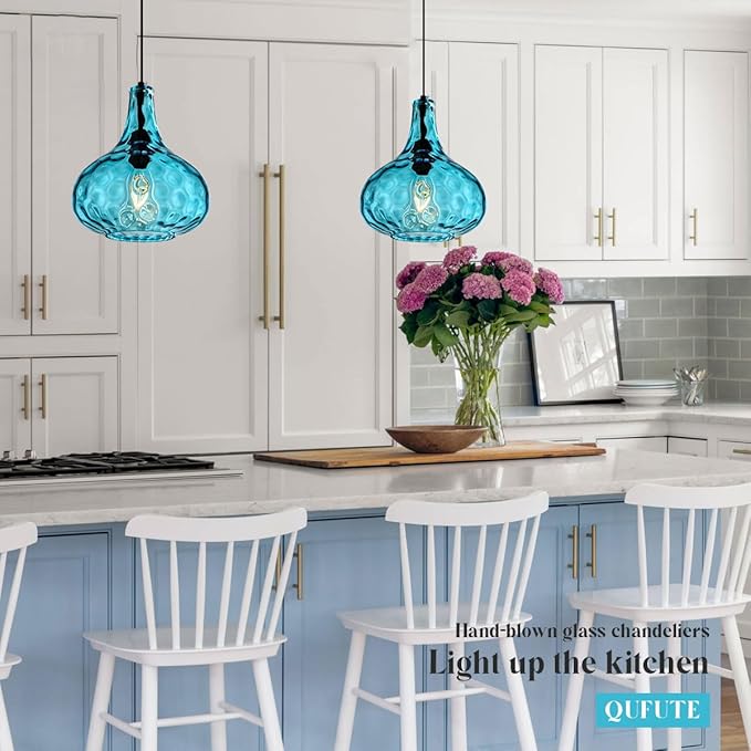 Blue Glass Plug in Pendant Light Fixture, Mid-Century Modern Pendant Lamp with 14.7 ft Cord Hammered Glass Globe Shade,Black Vintage Plug in Hanging Light for Bedroom Dining Living Room