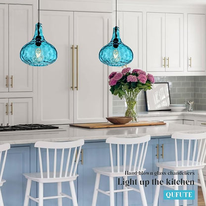 Blue Glass Plug in Pendant Light Fixture, Mid-Century Modern Pendant Lamp with 14.7 ft Cord Hammered Glass Globe Shade,Black Vintage Plug in Hanging Light for Bedroom Dining Living Room