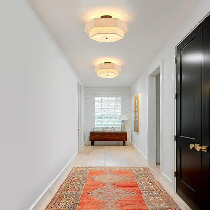 Large Semi Flush Mount Ceiling Light 18" Modern Black Drum Ceiling Lighting Fixture with Linen Shade Vintage Ceiling Lamp for Living Room, Bedroom, Kitchen, Dining Room, Hallway, and Entryway