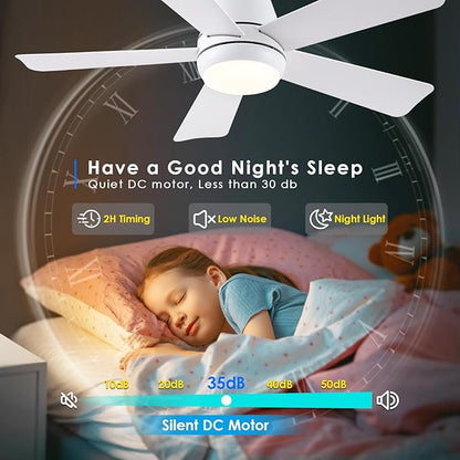 Hounberi Ceiling Fans with Light and Remote,40" White Flush Mount Ceiling Fan with Dimmable LED,6 Speeds DC Reversible,Timer, Noiseless, Indoor Low Profile Ceiling Fans for Bedroom,Kitchen