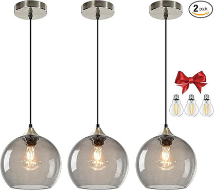 Light Grey Glass Pendant Light for Kitchen Island, Includes 3 Bulbs & 4.92FT Adjustable Cord, Modern Pendant Lighting Fixtures for Kitchen, Dining Room, Living Room(7.1in)