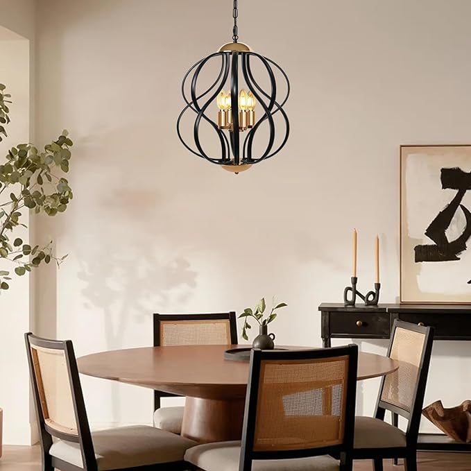 Black and Gold Chandelier for Dining Room, 4-Light Modern Farmhouse Chandelier Light Fixture, Adjustable Industrial Pendant Lights Kitchen Island, Hanging Chandeliers for Living Room Foyer