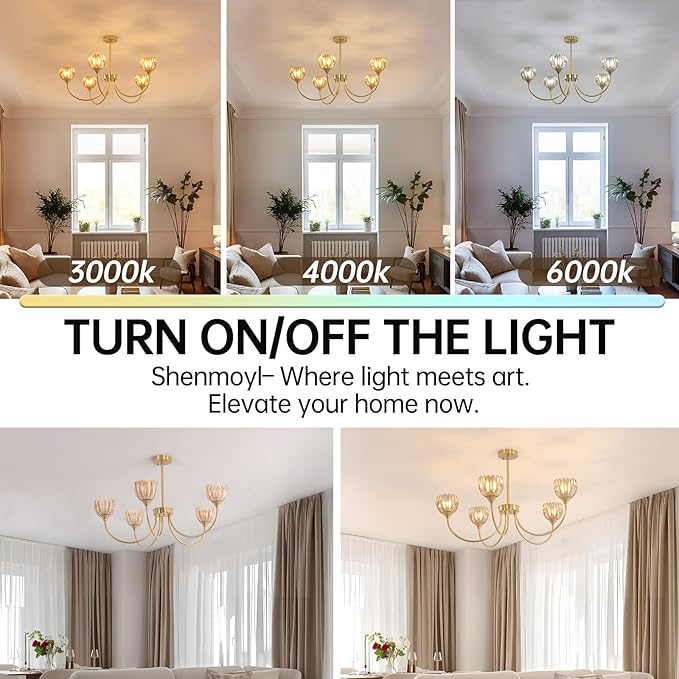 Shenmoyl 30.31" Brass Gold Chandelier, 5-Light Chandelier Light with Amber Tulip Glass Lampshade, Height Adjustable Vintage Chandeliers for Dining Room Living Room Kitchen Island