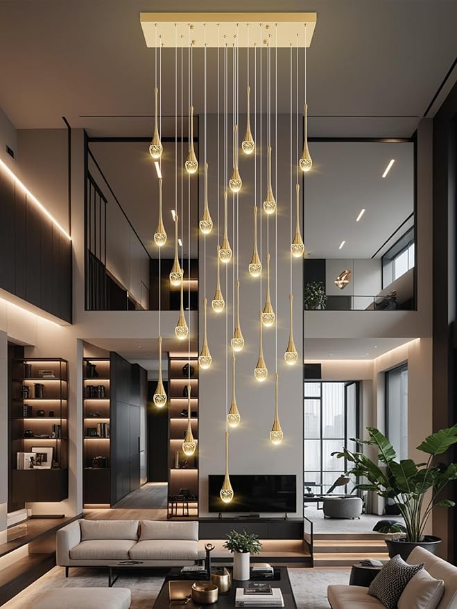ykolupty 24-Lights Rectangular Chandelier Crystal Raindrop Chandeliers Flush Mount Ceiling Light for Dining Room Living Room High Ceiling Chandelier for Staircase Foyer Entryway Gold Chandeliers