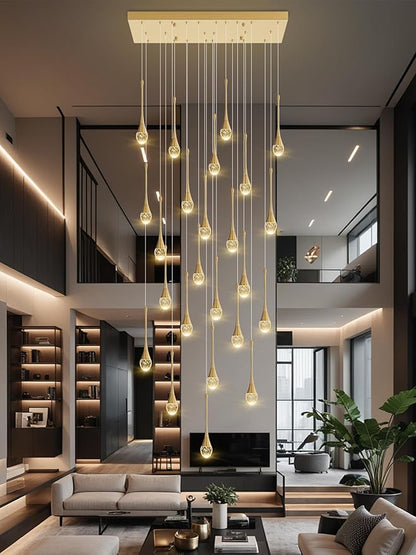 ykolupty 24-Lights Rectangular Chandelier Crystal Raindrop Chandeliers Flush Mount Ceiling Light for Dining Room Living Room High Ceiling Chandelier for Staircase Foyer Entryway Gold Chandeliers