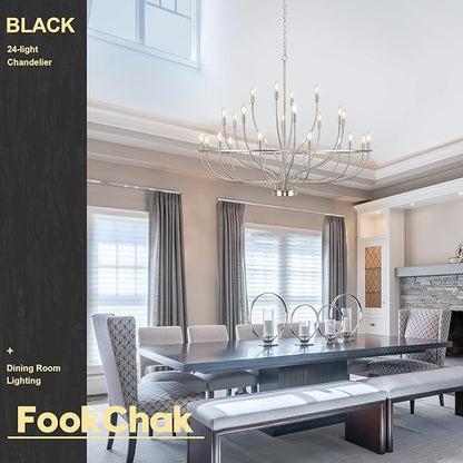 24 Light Brushed Nickel Chandelier 51'' Large Candle Chandeliers for High Ceiling Foyer Modern Classic Chandelier Light Fixture for Large Living Room Dining Room Stairs Entry Restaurant Hotel