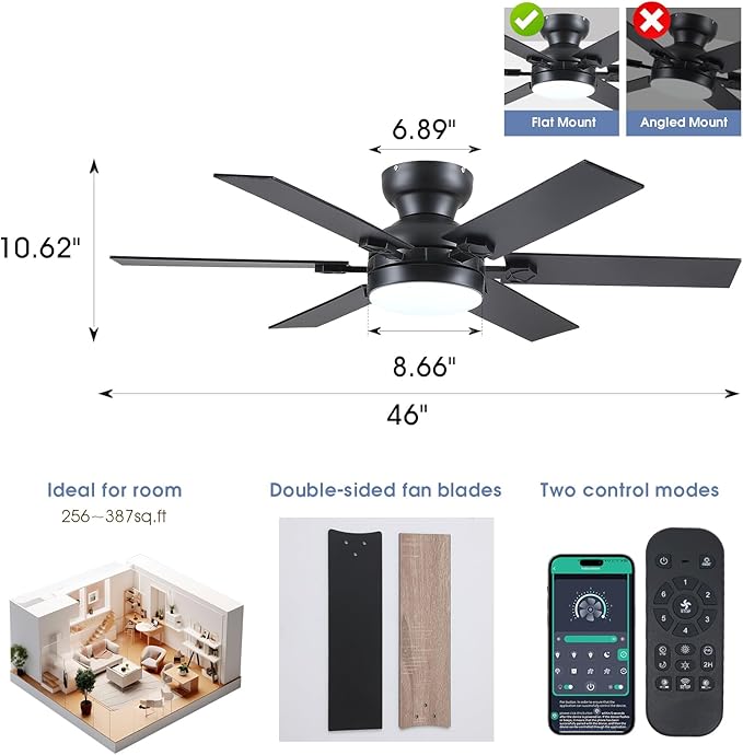 46" Low Profile Ceiling Fans with Lights and Remote,Black Indoor Ceiling Fans with Quiet Reversible DC Motor, Modern Flush Mount Ceiling Fans Light for Bedroom Kitchen