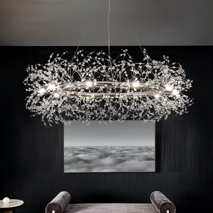 Modern Crystal Silver Chandeliers,Chrome Dining Room Chandelier Light Fixture Round,Large Living room Chandelier,Crystal Ceiling Light Fixture Pendant Hanging for Bedroom Entryway Hallway 39In.