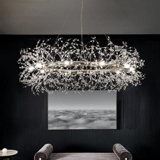 Modern Crystal Silver Chandeliers,Chrome Dining Room Chandelier Light Fixture Round,Large Living room Chandelier,Crystal Ceiling Light Fixture Pendant Hanging for Bedroom Entryway Hallway 39In.