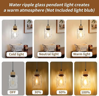 1 Pack Farmhouse Water Ripple Glass Pendant Light for Kitchen Island, Black Hanging Light Fixture, E26 Mini Pendant Lighting for Living Room, Bedroom, 41" Adjustable Cord, Bulb Not Included