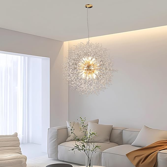 Modern Sputnik Chandelier, Large Crystal Beaded Hanging Light, Gold 16-Light Firework Lamp, Round Dandelion Pendant Light Fixtures for Dining Room Living Room Bedroom (Gold, D31.4inch)