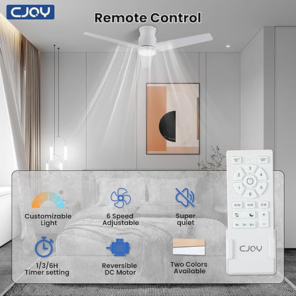 CJOY Ceiling Fans with Lights, 52 Inch Low Profile Ceiling Fans with Light and Remote, Reversible DC, Flush Mount, 3CCT，Dimmable, Modern Indoor/Outdoor Design for Bedroom, Living Room, Patio, Kitchen
