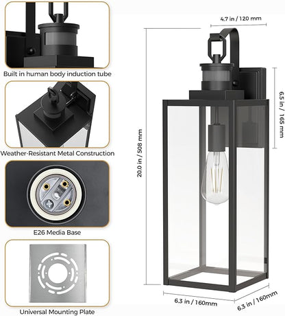 DORESshop Large Size Motion Sensor Outdoor Wall Lights, 20 Inch Matte Black Waterproof Anti-Rust Outdoor Light Fixtures Wall Mount with Clear Glass Shade for Porch, Garage, ETL Listed, 2 Pack