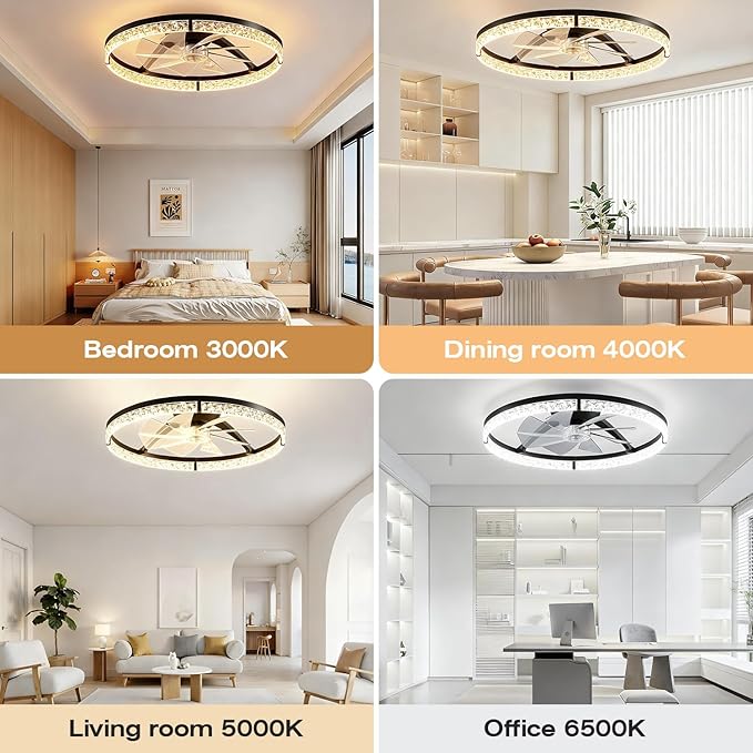 StarryEver Ceiling Fans with Lights and Remote, 24 Inch Modern Smart Ceiling Fan, 6 Speeds and 3000K-6500K Dimmable LED Fan Light, Low Profile Ceiling Fan for Bedroom, Living Room, Dining Room, Black