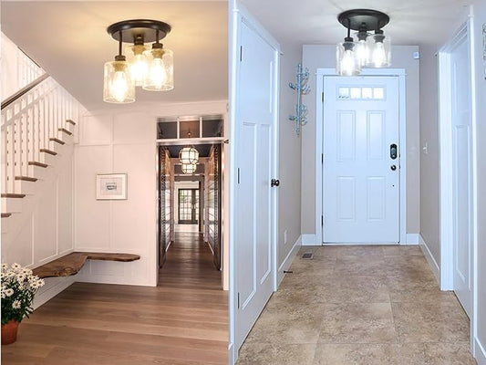 Semi Flush Mount Ceiling Light, Matte Black Kitchen Light Fixtures Ceiling Mount with Seeded Glass Shades, 3-Light Close to Ceiling Light Fixtures for Kitchen Hallway Foyer Dining Room.