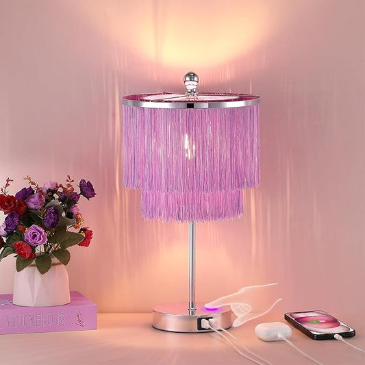 Lovlast Girls Table Lamp with Tassel Lampshade, 3 Way Dimmable Touch Bedside Purple Lamp with USB C + A Ports, Lavender Nightstand Lamp for Girls Bedroom, Living Room, Office, LED Bulb Included