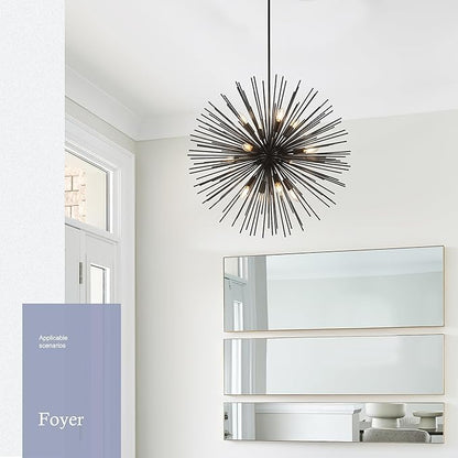 31.5" 12-Light Black Sputnik Chandelier Modern Industrial Foyer Light Fixtures, Adjustable Firework Globe Ceiling Fixture for Living Room, Entryway, Dining, Bedroom, Hallway, Stairway