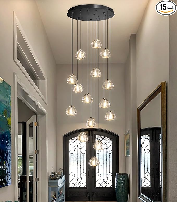 HAIXIANG LED Glam Chandelier 118 inches Long Light Luxury Crystal Ceiling Chandeliers Remote Dimmable High Ceiling Pendants Lighting Fixtures Black 15 Lights