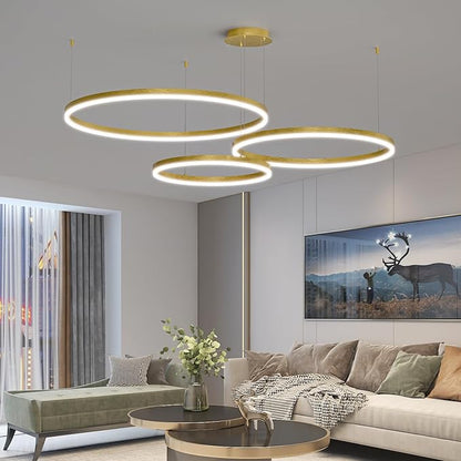 Mikeru Modern 3 Ring Chandelier Light, LED Pendant Light Fixtures with Remote Control 3000k-6500K Adjustable Color Temperature Light for Living Room, Bedroom, Kitchen（15.7+23.6+31.5IN）
