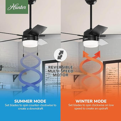 Hunter 44 inch Indoor Ceiling Fan with LED Light - Black Ceiling Fan with Pull Chain, For Bedroom or Living Room, Standard Mount, No Remote, 5 Blades, Includes Bulbs - Anisten 52486, Matte Black