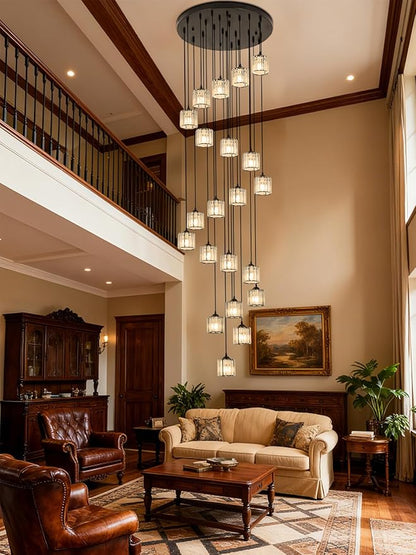 Long Chandeliers for High Ceilings,Modern Crystal Pendant Light,Raindrop Drop Lamp,Hanging Flush Mount Lighting Fixtures for Spiral Staircase,Foyer,Entryway,Living Room,Black (21 Lights)