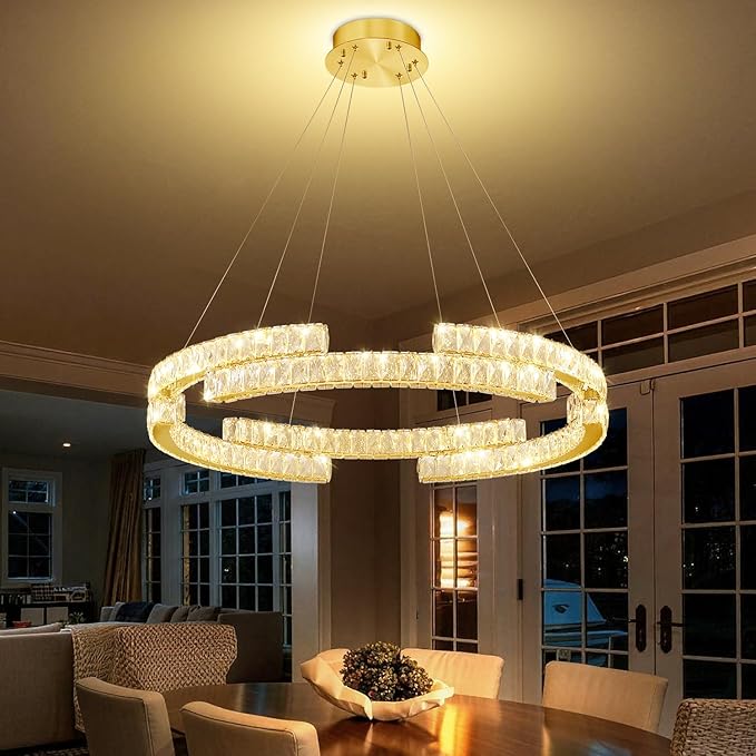 D24'' Modern Gold Crystal Ring Chandeliers for Living Room Dinning Room Crystal Pendant Light Dimmable 3000k-6000k