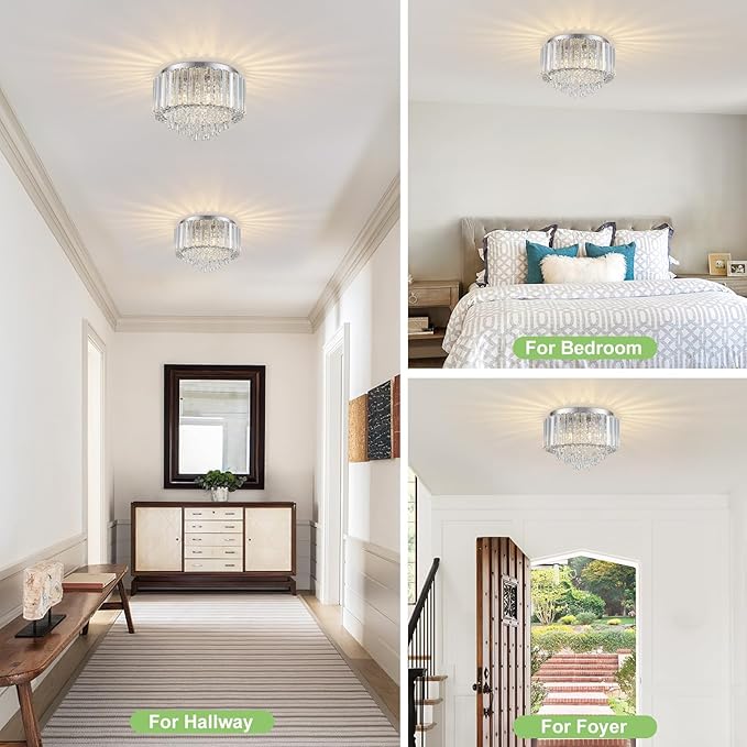 HOPGGIE 11.8 Inch Crystal Chandelier Modern Chandelier Light Mini Chandelier Semi Flush Mount Ceiling Light Fixture Small Chandelier for Bedroom Hallway Kitchen Foyer Closet (Chrome)