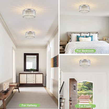 HOPGGIE 11.8 Inch Crystal Chandelier Modern Chandelier Light Mini Chandelier Semi Flush Mount Ceiling Light Fixture Small Chandelier for Bedroom Hallway Kitchen Foyer Closet (Chrome)