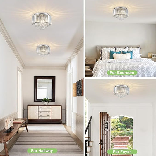 HOPGGIE 11.8 Inch Crystal Chandelier Modern Chandelier Light Mini Chandelier Semi Flush Mount Ceiling Light Fixture Small Chandelier for Bedroom Hallway Kitchen Foyer Closet (Chrome)