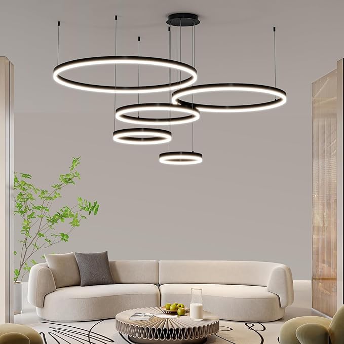 Mikeru Modern 5 Ring Chandelier Light, LED Pendant Light Fixtures with Remote Control 3000k-6500K Adjustable Color Temperature Light for Living Room, Kitchen (11.8+15.7+23.6+31.5+39.5in)