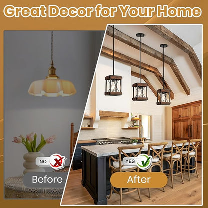 Genuine Wood Farmhouse Pendant Light, 2 Pack Rustic Farmhouse Linear Chandelier with Wood and Metal Cage, Kitchen Island Pendant Light Adjustable Height for Dining Room Light Kitchen Island Bedroom