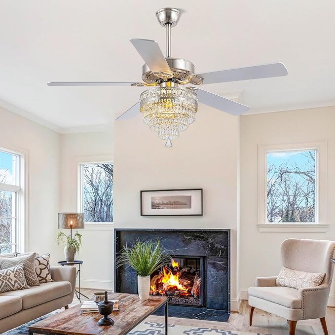 Asyko Crystal Ceiling Fan Fandelier with Lights and Remote Control，52" Modern Silver Chandelier Ceiling Fans with Reversible Blades, Silent Motor，Fandelier Ceiling Fan with Light Chrome